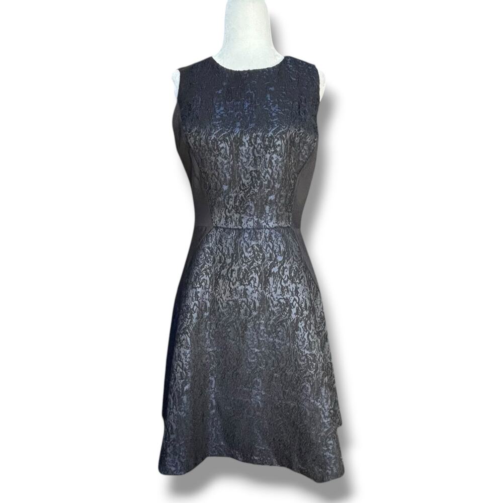 Aryn K Black Jacquard Fit Flare Sleeveless Navy Blue Cocktail Party Dress‎ Small